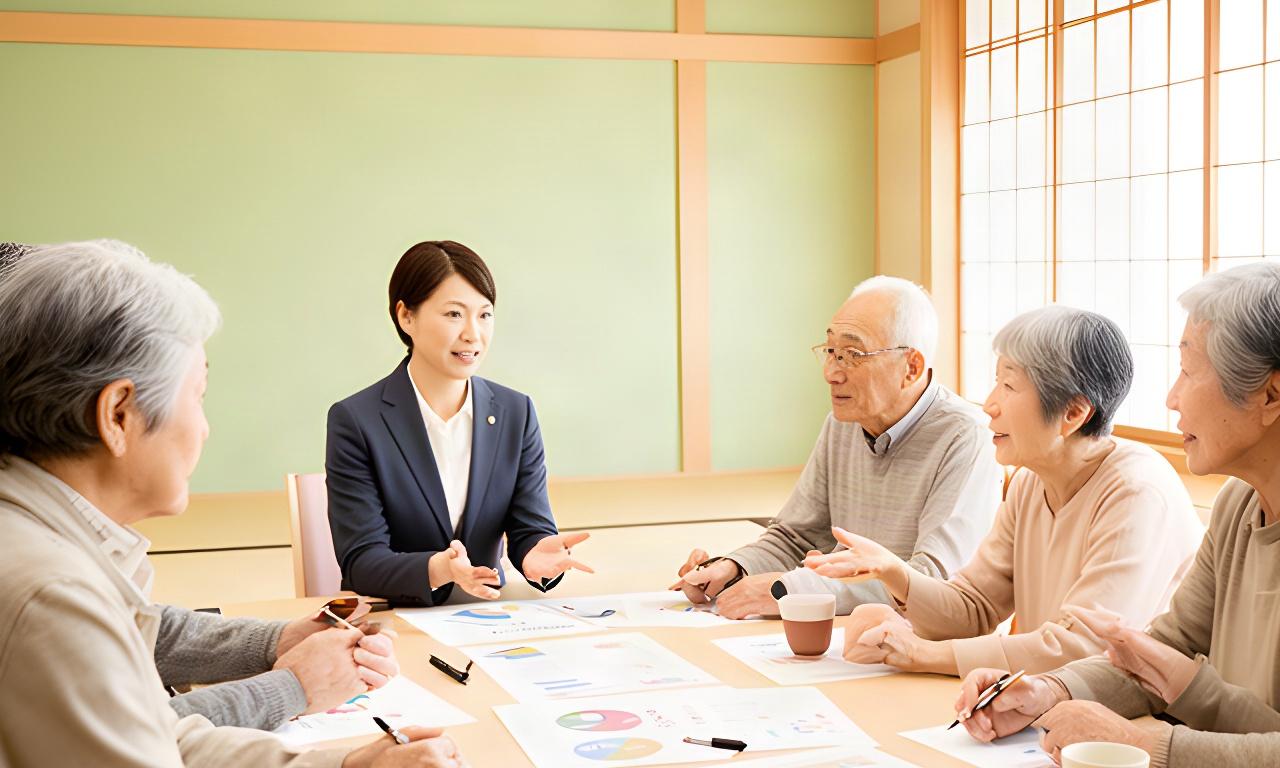 明るい地域会館で退職後の資産計画を説明する講師と資料を見るシニア参加者
